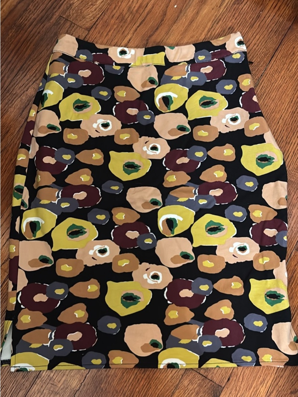Modcloth Black Floral Abstract Pencil Skirt with Mustard and Maroon Accents